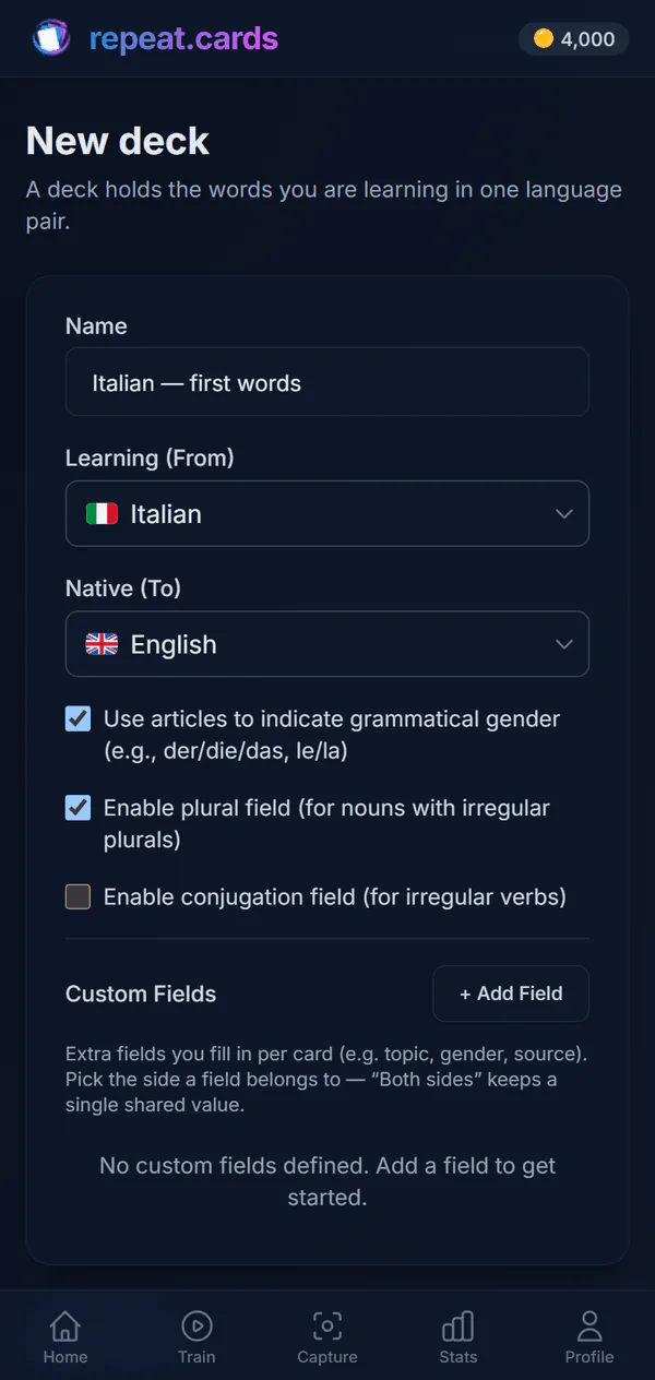 A new deck: Italian — first words, Italian to English, with articles and plurals switched on
