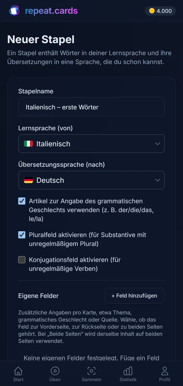 Ein neuer Stapel: Italienisch – erste Wörter, von Italienisch nach Englisch, mit eingeschalteten Artikeln und Pluralformen