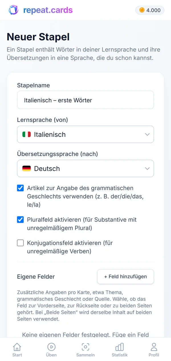 Ein neuer Stapel: Italienisch – erste Wörter, von Italienisch nach Englisch, mit eingeschalteten Artikeln und Pluralformen