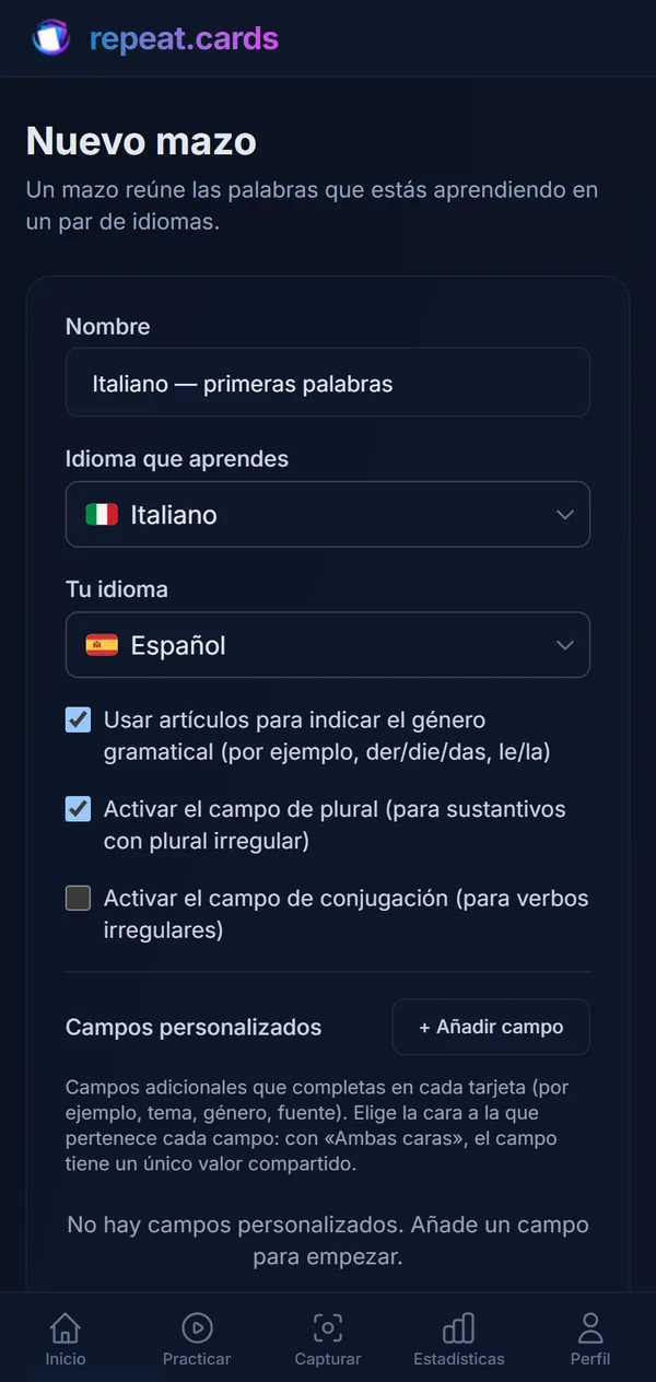 Un mazo nuevo: italiano — primeras palabras, de italiano a inglés, con artículos y plurales activados