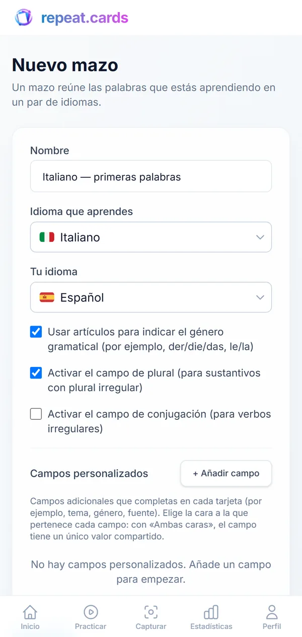 Un mazo nuevo: italiano — primeras palabras, de italiano a inglés, con artículos y plurales activados