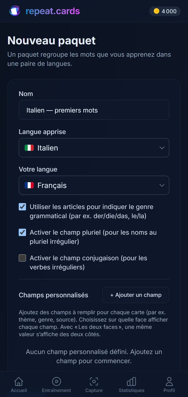 Un nouveau paquet : Italien — premiers mots, de l’italien vers l’anglais, avec les articles et les pluriels activés