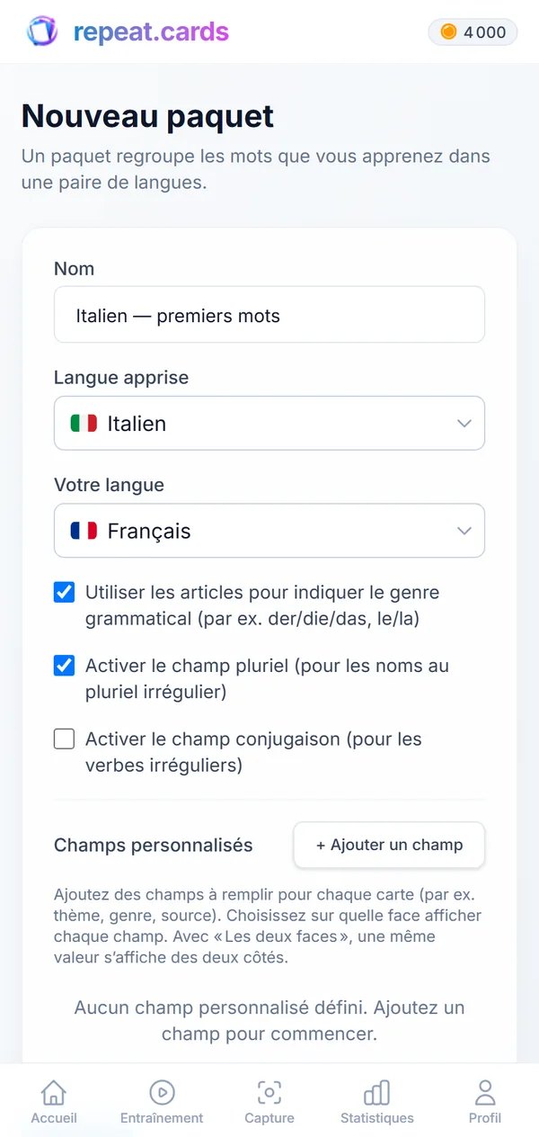 Un nouveau paquet : Italien — premiers mots, de l’italien vers l’anglais, avec les articles et les pluriels activés