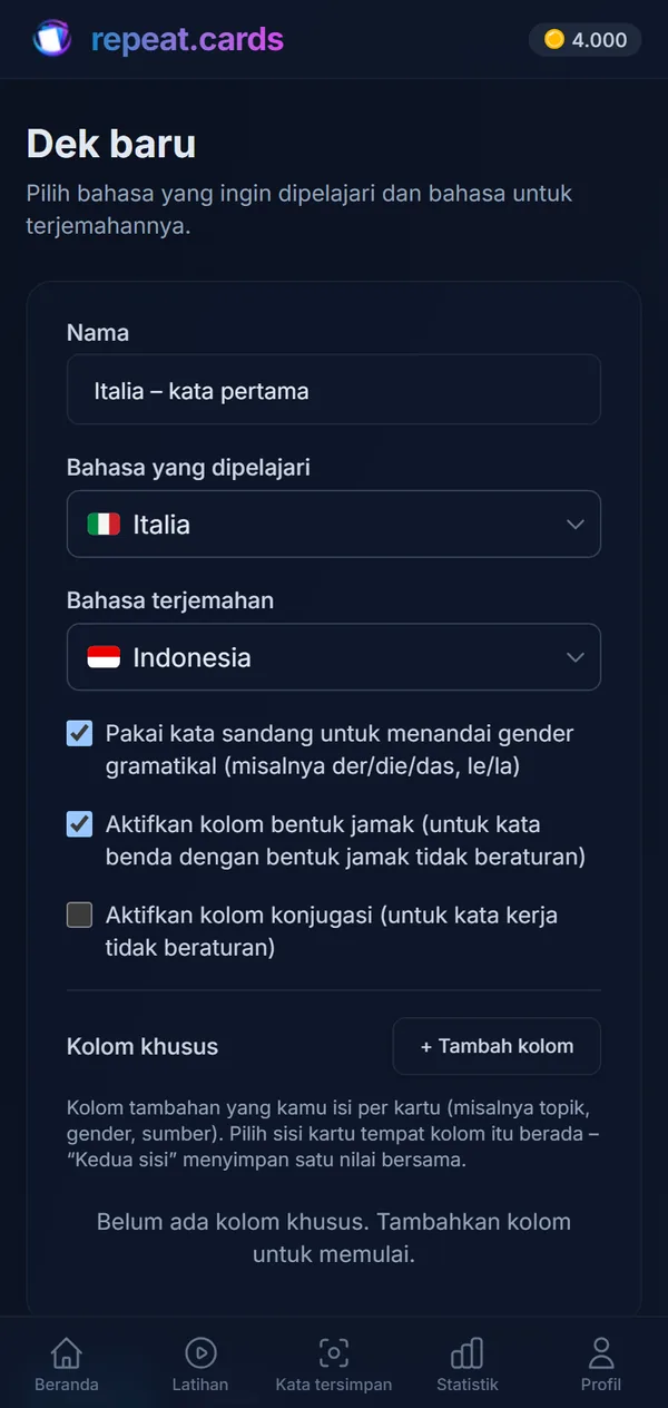 Dek baru: “Bahasa Italia – kata pertama”, dari bahasa Italia ke bahasa Indonesia, dengan kata sandang dan bentuk jamak diaktifkan