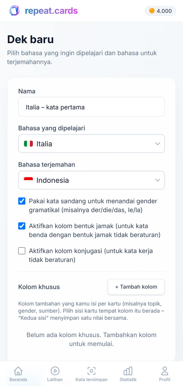 Dek baru: “Bahasa Italia – kata pertama”, dari bahasa Italia ke bahasa Indonesia, dengan kata sandang dan bentuk jamak diaktifkan