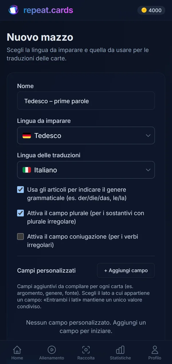 Un nuovo mazzo, «Tedesco – prime parole», dal tedesco all’italiano, con articoli e plurali attivati