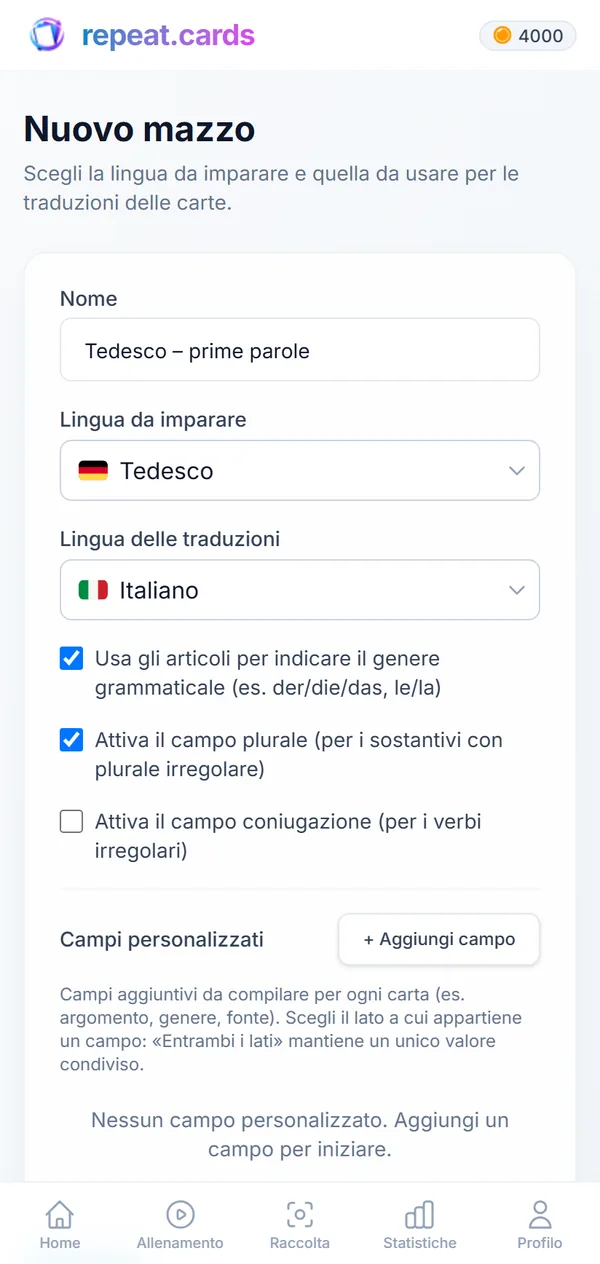 Un nuovo mazzo, «Tedesco – prime parole», dal tedesco all’italiano, con articoli e plurali attivati