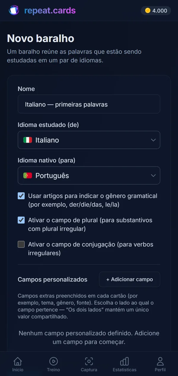 Um baralho novo: Italiano — primeiras palavras, de italiano para inglês, com artigos e plurais ativados