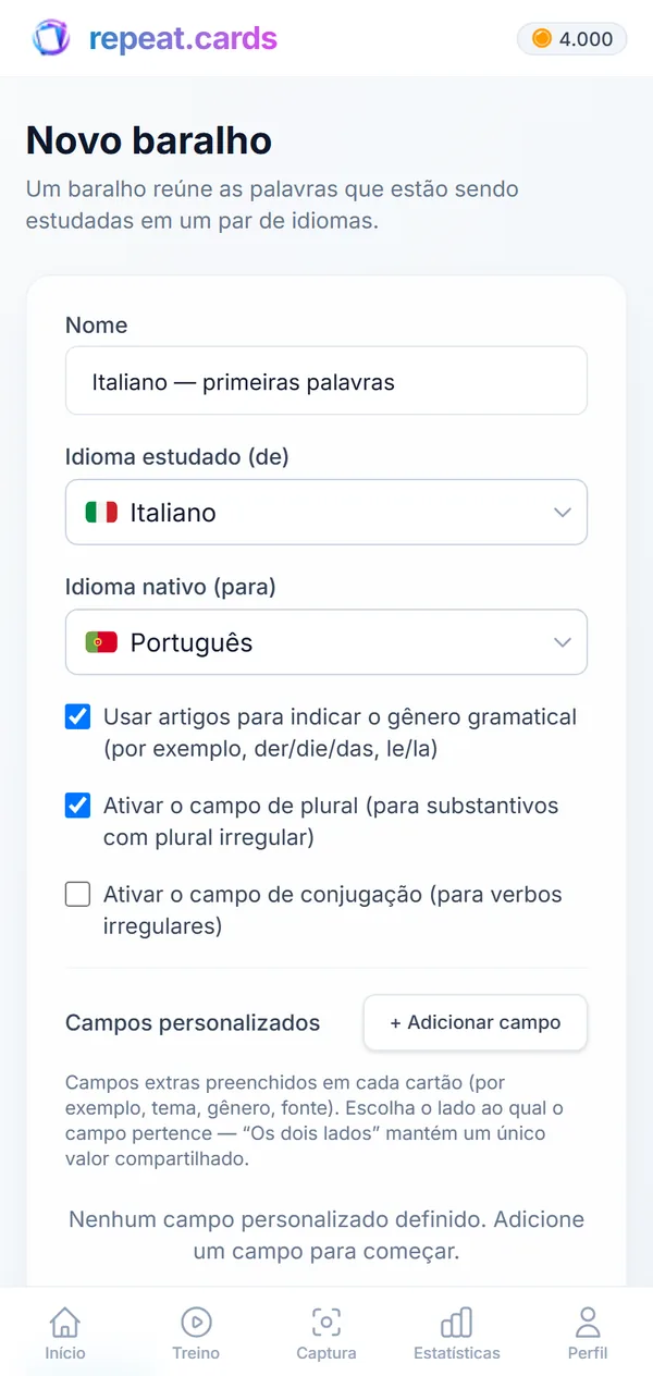 Um baralho novo: Italiano — primeiras palavras, de italiano para inglês, com artigos e plurais ativados