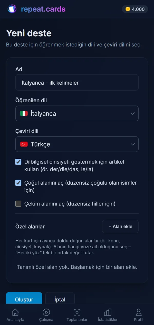 Yeni bir deste: “İtalyanca – ilk kelimeler”, İtalyancadan Türkçeye, artikeller ve çoğul biçimler açık