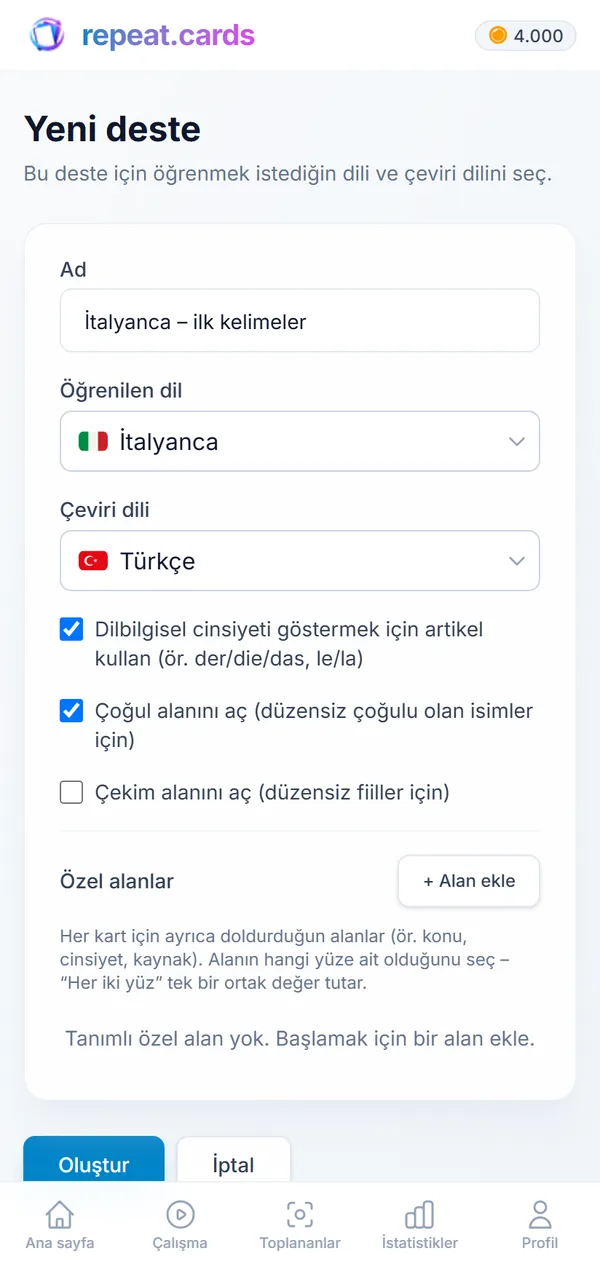 Yeni bir deste: “İtalyanca – ilk kelimeler”, İtalyancadan Türkçeye, artikeller ve çoğul biçimler açık