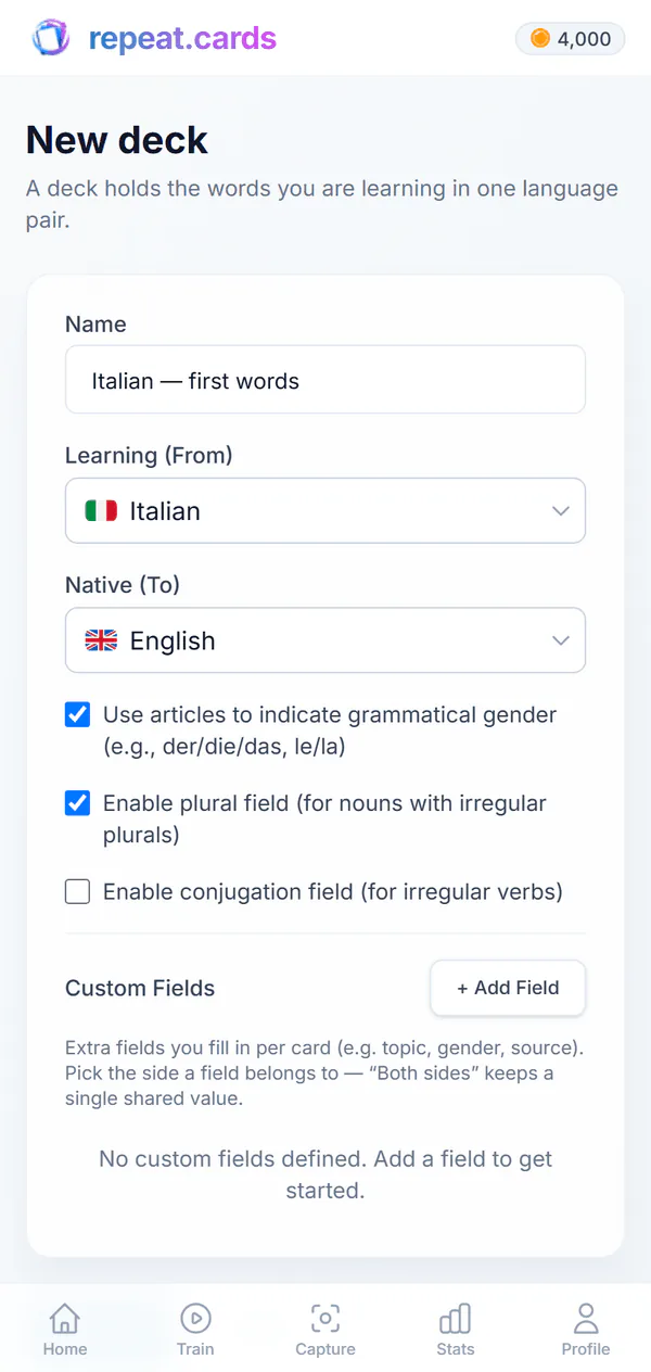 A new deck: Italian — first words, Italian to English, with articles and plurals switched on