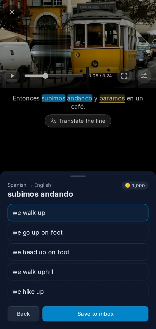 The player on a phone: a paused video with a phrase picked from the subtitles and its translations