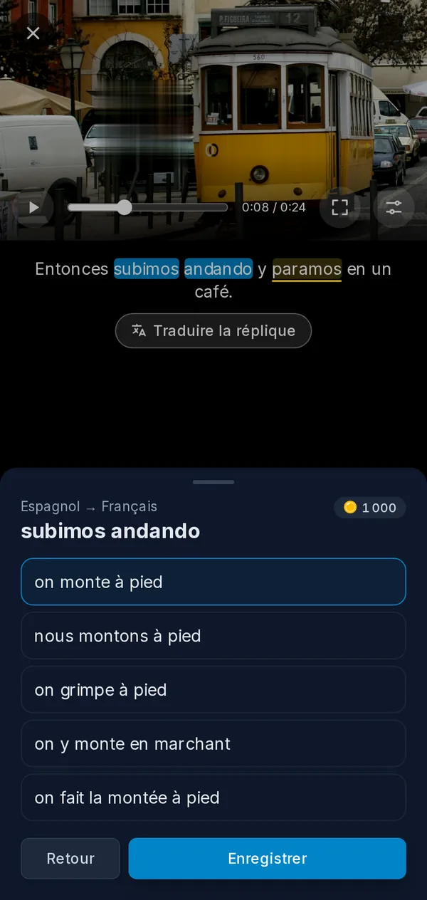 Le lecteur sur un téléphone : une vidéo en pause avec une expression choisie dans les sous-titres et ses traductions