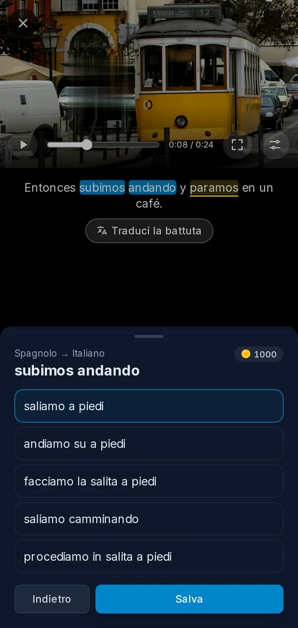 Il lettore su un telefono: un video in pausa con un’espressione scelta dai sottotitoli e le sue traduzioni