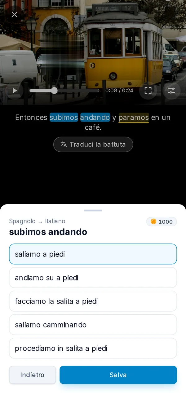 Il lettore su un telefono: un video in pausa con un’espressione scelta dai sottotitoli e le sue traduzioni