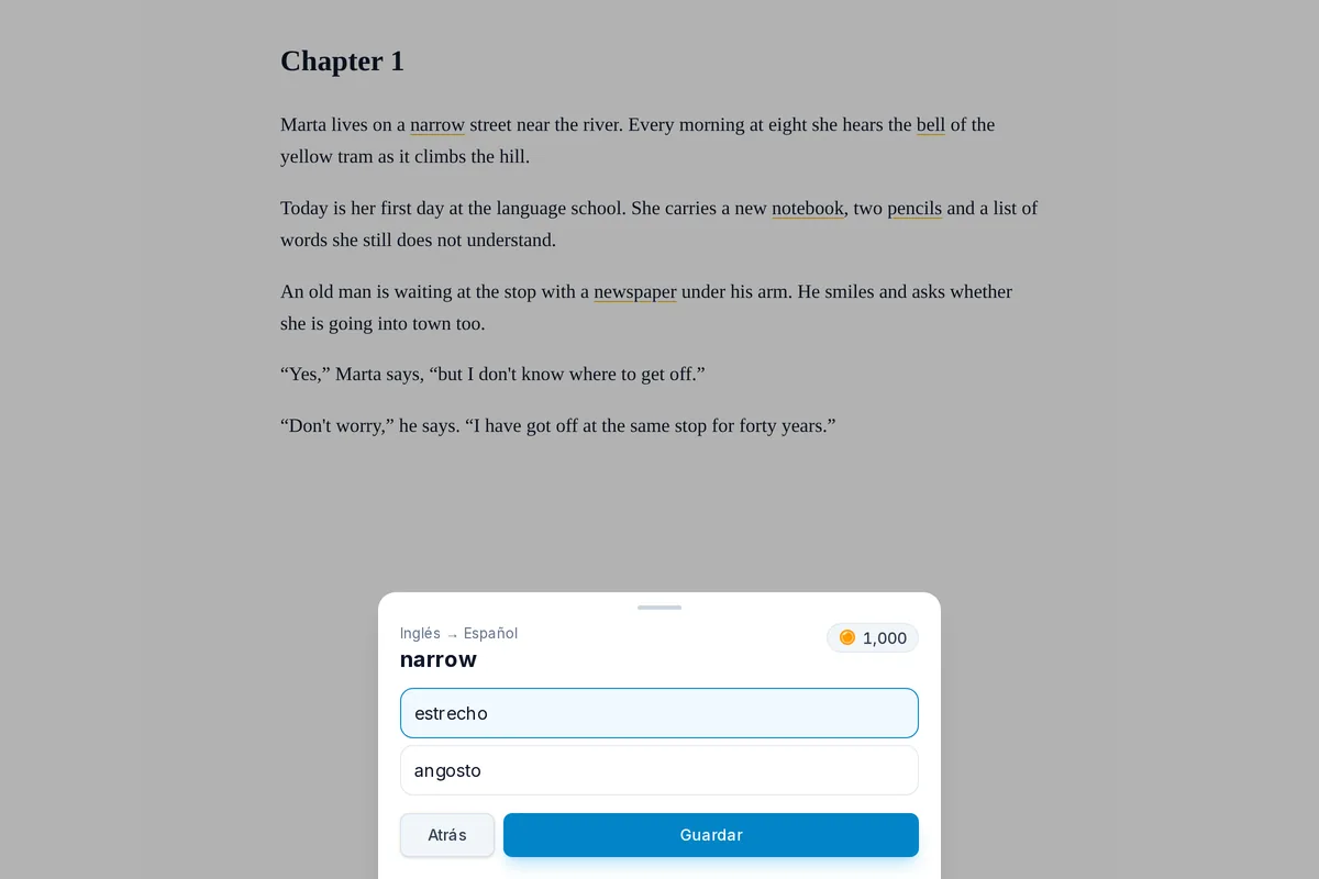 Una página de un libro en el lector, con las palabras nuevas marcadas y, debajo del texto, la traducción de la palabra tocada