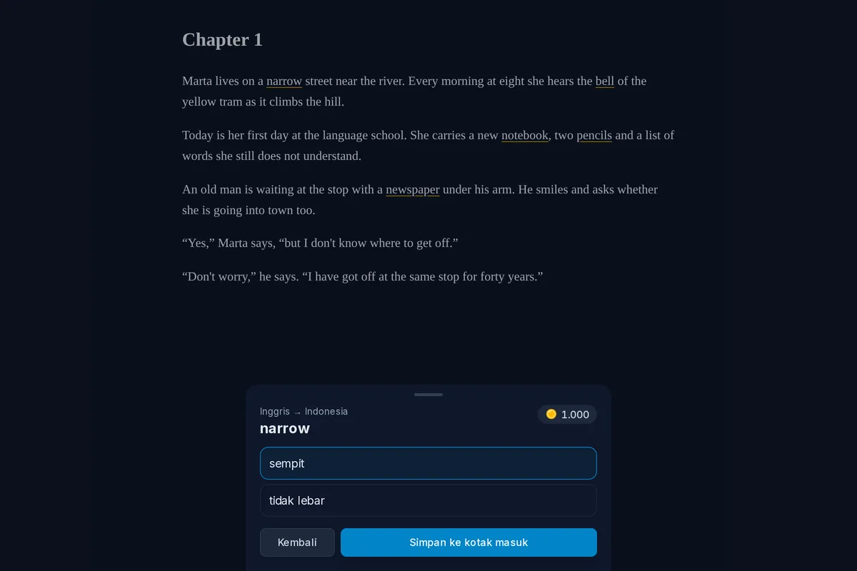 Halaman buku di pembaca, dengan kata baru ditandai dan terjemahan kata yang diketuk terbuka di bawah teks