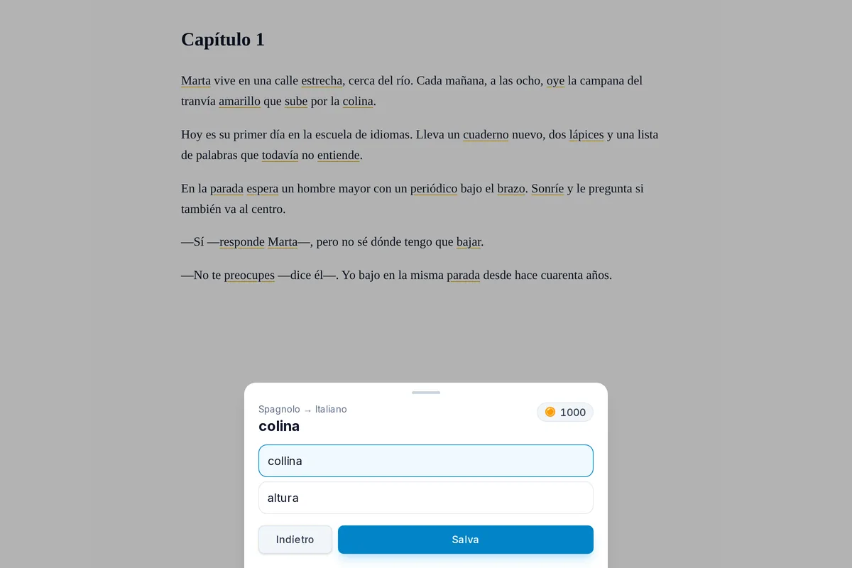 Una pagina di un libro nel lettore, con le parole nuove evidenziate e, sotto il testo, la traduzione della parola toccata