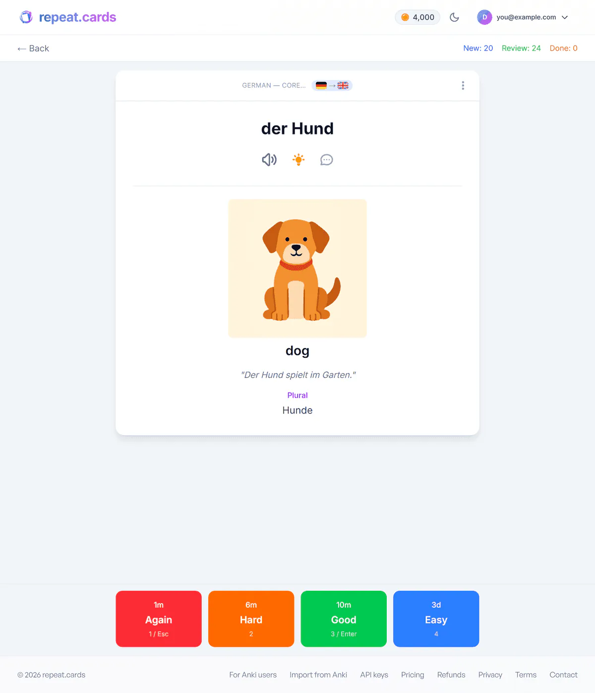 A card in training: the word with its article, its picture, an example sentence and its plural, above the rating buttons