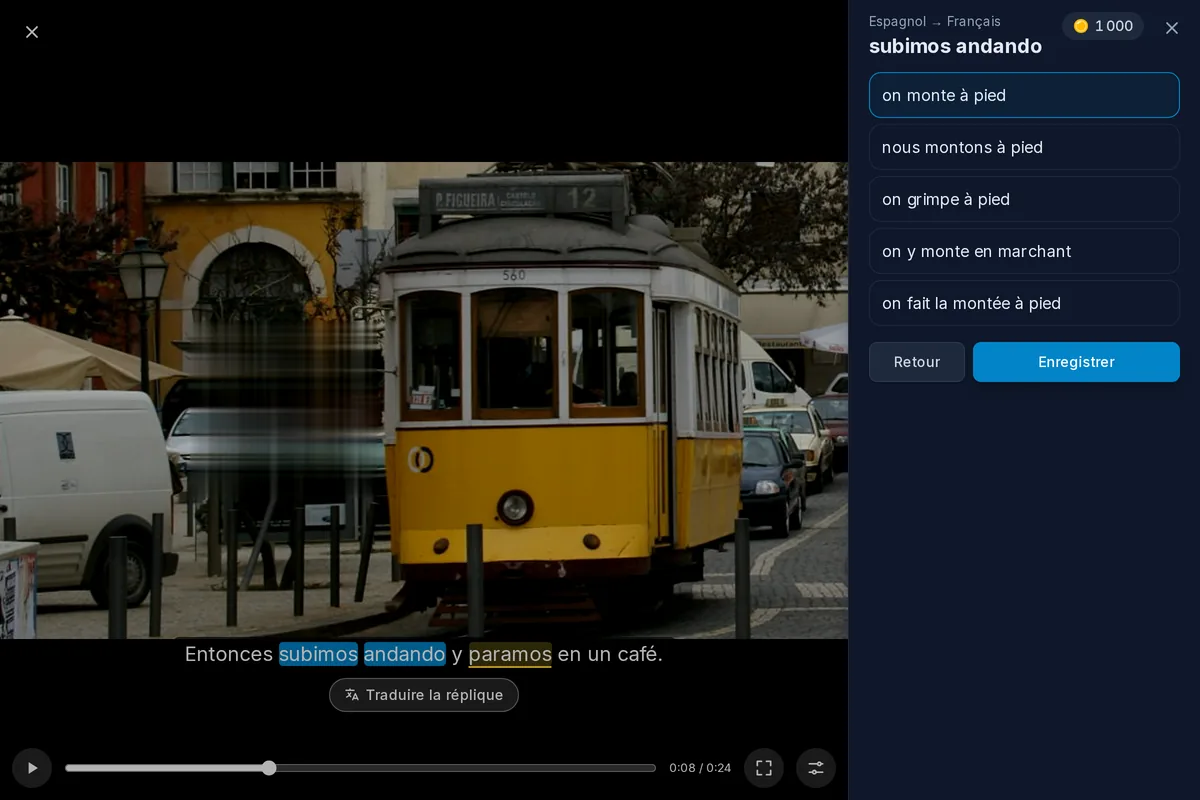 Une vidéo en pause avec une ligne de sous-titres, dont deux mots choisis comme expression, et leurs traductions ouvertes en dessous