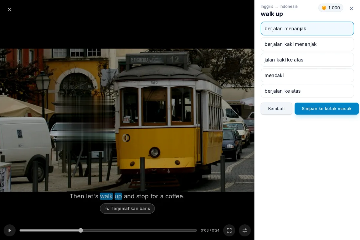 Video yang dijeda dengan satu baris subtitel, dua katanya dipilih sebagai frasa dan terjemahannya terbuka di bawah